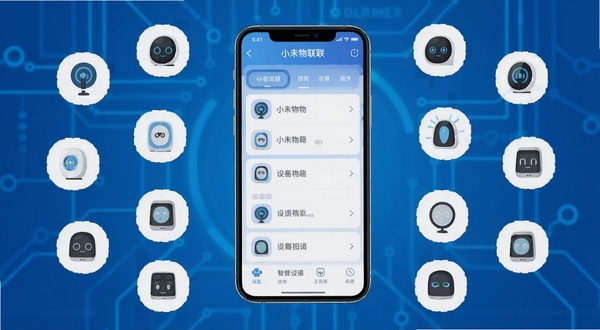 小未物联 手机应用界面展示设备扫描列表 多个智能设备图标环绕手机 科技蓝背景 扁平化插画风格