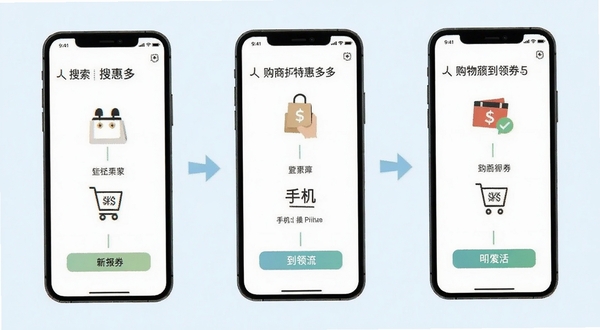 购物商城特惠多多 手机操作步骤示意图 展示从搜索到领券的流程 三个手机屏幕并排 简洁图标指引 浅色背景