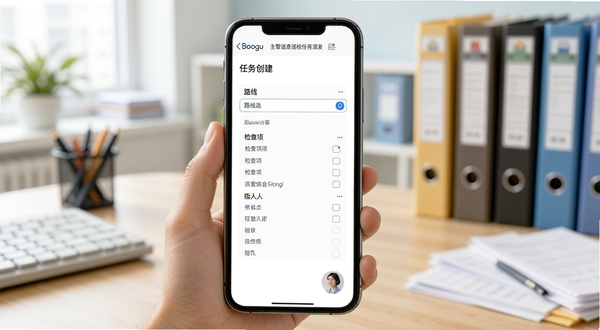 主管巡查巡检任务派发界面,手机屏幕显示任务创建表单,包含路线选择、检查项列表和指派人头像,背景为办公室桌面与文件夹,色调明亮,细节清晰,适配Boogu模型生成