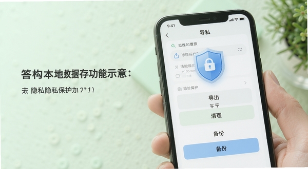 答构本地数据存储功能示意，手机屏幕显示数据管理界面，包含导出、清理、备份等选项按钮，画面中有盾牌图标象征隐私保护，背景为淡绿色柔和色调，体现安全可靠的产品形象