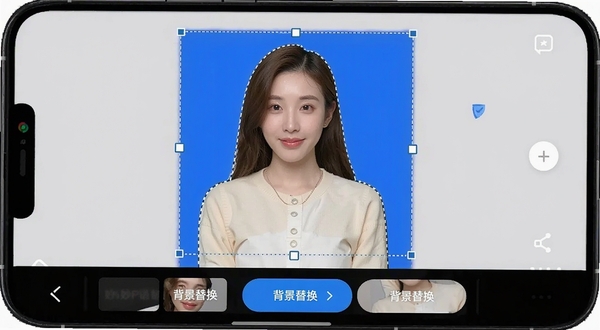 妙语P图智能抠图功能操作界面,手机屏幕显示人物照片被精准抠出,背景变为纯蓝色,周围有虚线选区提示,界面底部有背景替换选项按钮