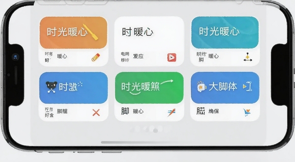 时光暖心助手多脚本管理列表截图,手机屏幕显示多个脚本卡片排列,背景为浅灰色极简风格,主体位于屏幕中央偏上,卡片圆角设计,适配Boogu模型生成