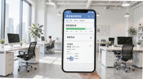 易采通采购项目全流程跟踪功能展示界面，手机屏幕显示采购进度条和审批节点，背景为现代办公环境，明亮简洁的扁平化设计风格