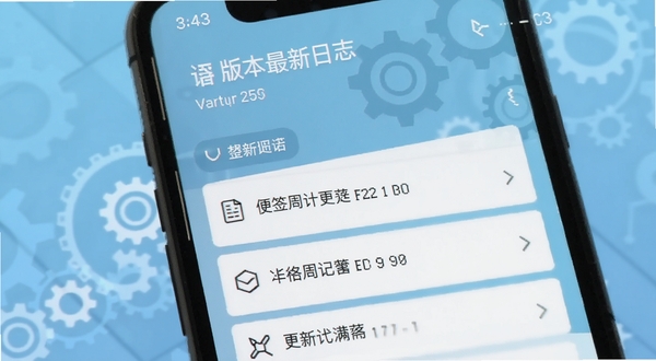 便签周记最新版本更新日志界面截图,手机屏幕显示版本号与更新条目列表,背景为淡蓝色渐变与齿轮图标,风格简洁科技感