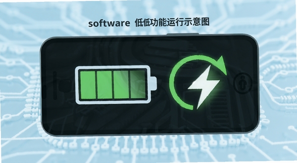 简约软件低功耗运行示意图，画面展示手机电池图标与节能标识，背景为淡蓝色科技感线条，突出省电特性