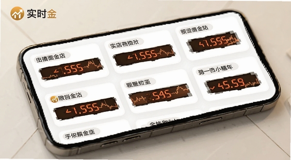 实时金软件金价刷新界面,手机屏幕显示多个金店品牌名称与对应金价数字,数据不断跳动更新,背景为简约白色卡片式布局,顶部有实时金logo,画面明亮清晰,突出实时更新的动态感,适配Boogu模型生成