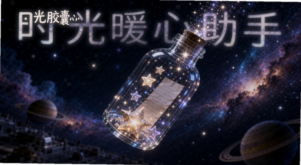 时光暖心助手 时光胶囊功能展示，一个半透明的玻璃瓶悬浮在太空中，瓶内装着发光的星星和纸条，瓶口有星光溢出，背景是深邃的宇宙和绚丽的星云，画面充满未来感与神秘感，软件名称以发光字体呈现