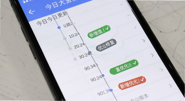 今日大字看 版本更新历史记录界面 手机屏幕显示版本列表 标注新增优化修复标签 界面清晰 时间线设计