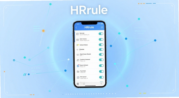HRrule 软件主界面全貌展示,画面中心为手机屏幕正视图,屏幕内呈现清晰的规则列表与开关按钮布局,背景区域为浅蓝色渐变科技感光晕,四周点缀少量几何线条与数据节点,整体风格简洁明亮,适配 Boogu 模型生成,强调软件名称 HRrule 在界面顶部的标识