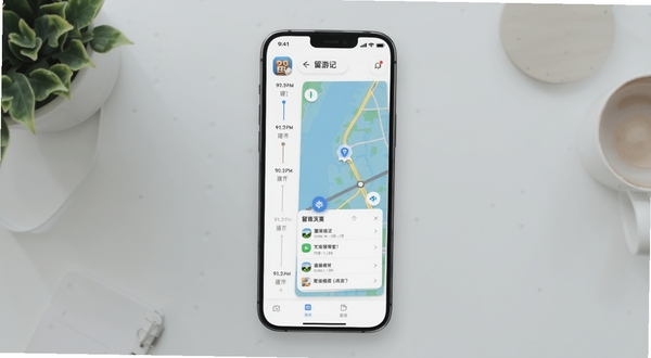 留游记应用主界面截图，画面中央展示手机屏幕内的时间轴与地图双视图布局，背景为浅灰色简约桌面环境，屏幕内可见留游记应用图标与记录卡片，整体风格清新自然，适配Boogu模型生成