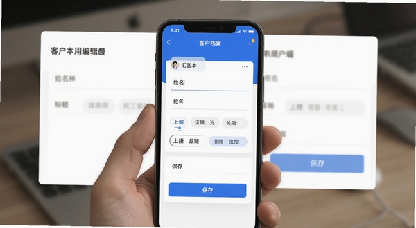 汇客本应用内客户档案编辑页面，画面主体为手机屏幕中央的档案表单，背景区域为白色卡片式布局，细节包括姓名输入框、标签选择按钮和保存按钮，整体色调以蓝白为主