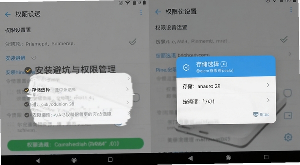 Ai美丽优选安卓手机操作界面截图，展示权限设置页面与存储选择弹窗，画面中有清晰的勾选按钮和提示文字，背景为浅灰色系统设置界面，突出安装避坑与权限管理主题