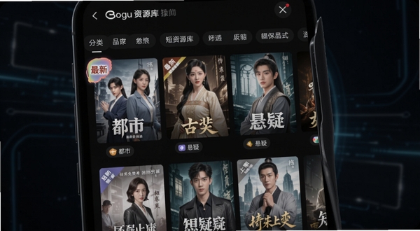 抖全部免费看短剧资源库界面,画面中央为分类标签栏与短剧海报网格,海报上标注着都市、古装、悬疑等题材标签,背景区域为深色模式下的手机屏幕特写,屏幕内高亮显示最新上架短剧的角标,整体氛围沉浸且富有科技感,适配Boogu模型生成