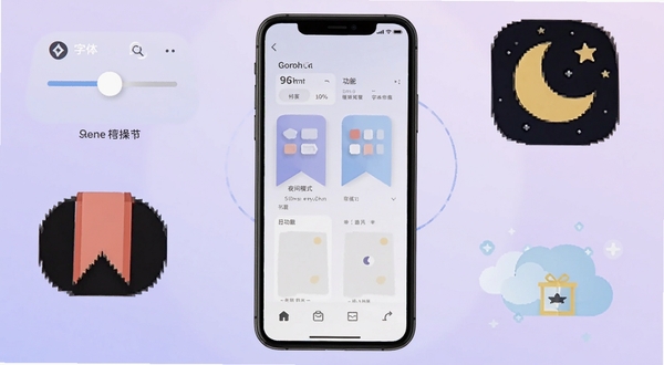已阅软件功能特色汇总展示图，画面以手机为中心，四周环绕着代表不同功能的图标元素，包括字体调节滑块、书签丝带、月亮图标代表夜间模式、云朵代表缓存，所有元素以扁平化风格呈现，底色为柔和的浅紫色渐变，整体构图均衡，突出软件功能丰富且操作便捷的特点