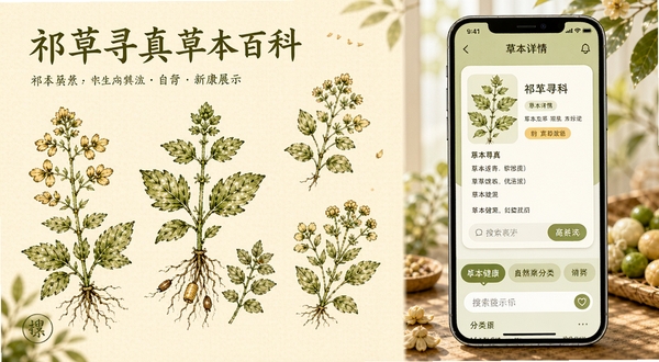 祁草寻真草本百科功能展示，画面左侧为手绘风格的草本植物插画，右侧为手机界面显示草本详情卡片，底部有搜索框与分类标签，整体采用暖黄与浅绿配色，营造自然健康氛围。