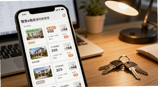智安e租房源档案管理界面预览图，画面主体为手机屏幕内彩色状态标签的房源卡片列表，背景为办公桌面与钥匙串，暖色调灯光，写实风格，体现租赁管理的条理性