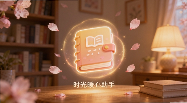 时光暖心助手 主界面展示，一个温馨的暖色调房间背景，中央悬浮着一个发光的日记本图标，周围环绕着柔和的光晕和飘落的樱花花瓣，整体风格治愈系，画面主体位于正中央，背景为虚化的书架和暖灯，适配Boogu模型生成