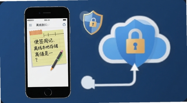 便签周记离线本地存储功能示意图,画面为手机与云端断开连接但便签仍可编辑,背景有盾牌与锁形图标,表达安全与离线可用