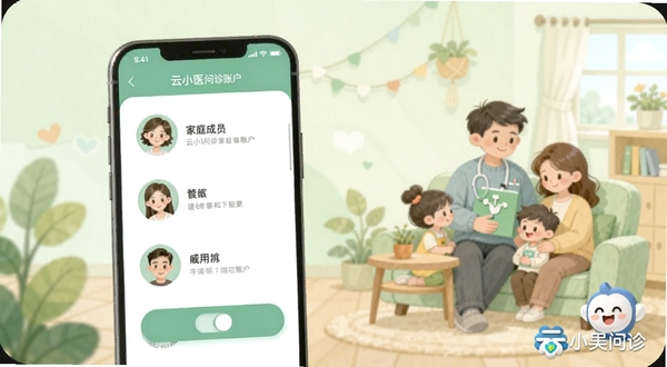 云小医问诊家庭账户绑定功能界面，画面中心为手机屏幕显示家庭成员头像列表与切换按钮，背景区域为浅绿色家庭健康场景插画，右下角有云小医问诊水印标识，整体风格温馨柔和，适配Boogu模型生成