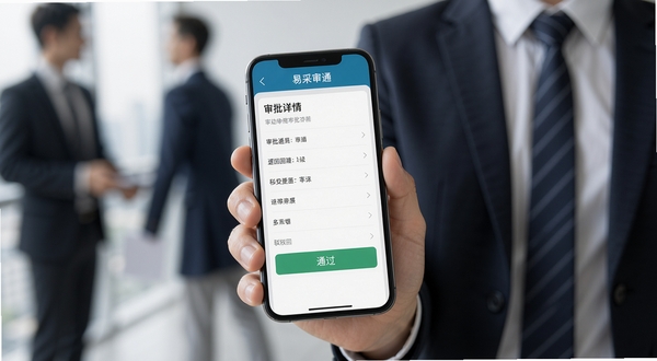 易采通移动审批功能展示，手机屏幕显示审批详情页和通过驳回按钮，界面简洁专业，背景为商务人士手持手机的特写场景