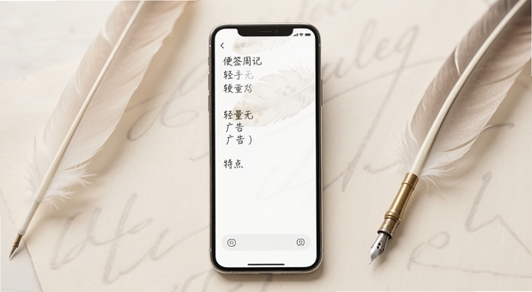 便签周记轻量无广告特点展示图,手机屏幕干净整洁无广告弹窗,背景为羽毛与羽毛笔,色调淡雅,突出轻量与纯净