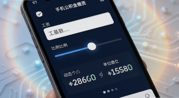 手机公积金个人计算缴存计算界面,手机屏幕显示工资基数输入框和比例滑块,下方动态展示个人与单位缴存金额,背景有柔和光效,科技感与实用感并存