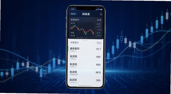 国盛通手机应用主界面展示,画面中央是一部竖屏智能手机,屏幕显示国盛通行情报价与自选股列表,背景为深蓝色科技感渐变与抽象K线光效,整体风格简洁专业,适配Boogu模型生成