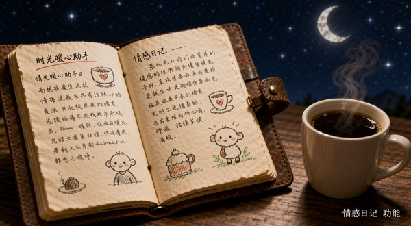 时光暖心助手 情感日记功能界面，一本打开的复古皮质日记本，页面上有手写的文字和简笔画，旁边放着一杯冒着热气的咖啡，背景是夜晚的星空，画面充满故事感与私密性，软件名称以水印形式出现在右下角