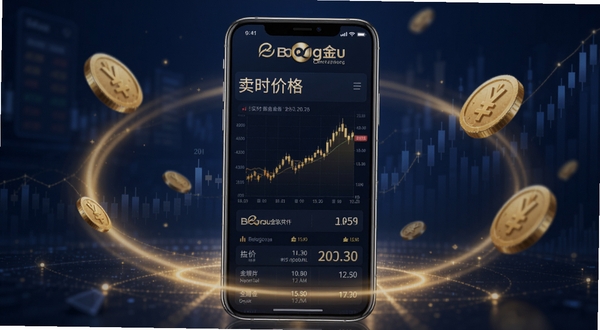 实时金软件主界面展示,画面中央为手机屏幕内呈现黄金价格走势图与金价数字,背景为深蓝色渐变金融风格,四周点缀金色光晕与金币元素,整体色调沉稳大气,突出实时金品牌标识与数据可视化界面,适配Boogu模型生成