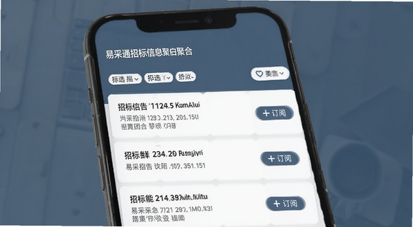易采通招标信息聚合页面，手机屏幕展示多条招标公告列表，带有筛选标签和订阅按钮，背景为商务蓝灰色调，清晰的信息层级设计