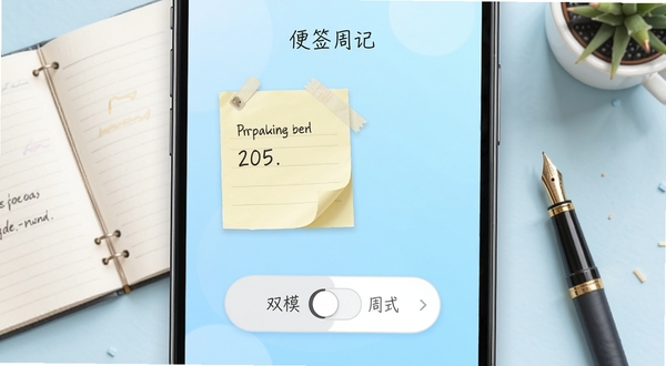 便签周记应用界面展示,手机屏幕中央显示便签与周记双模式切换按钮,背景为浅蓝色渐变,周围点缀笔记本与钢笔元素,整体风格清新简约