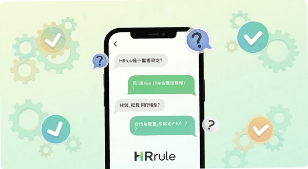 HRrule 用户问答界面概念图,画面主体为手机屏幕中的对话气泡与问号图标,气泡内显示简短问答文字示意,背景区域为柔和的浅绿色渐变,四周有少量齿轮与对勾图标环绕,整体氛围轻松友好,画面底部带有 HRrule 标识,适配 Boogu 模型生成