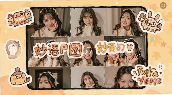 妙语P图贴纸文字与拼图功能界面,画面展示多张照片拼成网格布局,周围点缀卡通贴纸和艺术文字,背景为暖色调,突出创意编辑氛围