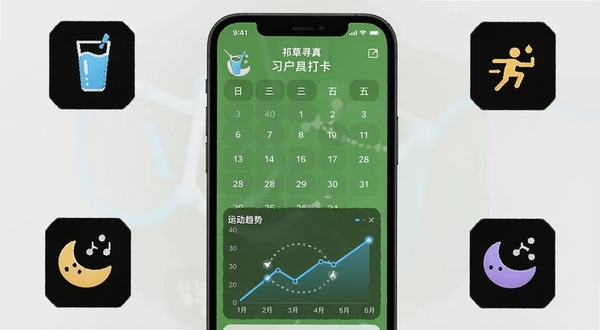 祁草寻真习惯打卡界面，手机屏幕显示打卡日历与趋势折线图，周围散落着代表喝水、运动、睡眠的图标，背景为浅灰色极简风格，突出数据可视化与用户成就感。