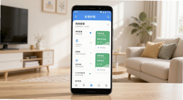 画面主体为一台居中放置的安卓智能手机,屏幕显示安育护网应用主界面,界面中包含网络管理列表与守护状态卡片,背景为温馨的家庭客厅环境,色调柔和明亮,整体风格简洁现代,突出家庭网络守护主题,适配Boogu模型生成