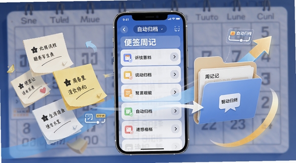 便签周记智能周次归档功能示意图,画面中央是手机屏幕显示周次列表,左侧为便签卡片飞入右侧周记文件夹,背景用日历网格与箭头装饰,体现自动归档概念