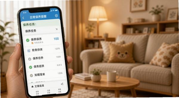 易机修软件日常保养提醒界面，手机显示保养任务清单和知识库文章列表，背景为温馨的家居环境，柔和暖色调