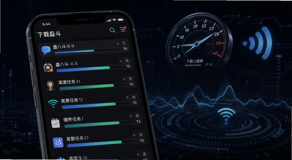 盘八斗多线程下载引擎工作示意图,画面主体为手机屏幕显示盘八斗APP下载任务列表,多个任务进度条同时推进,背景为深色科技风格,带有速度仪表盘和网络信号波纹元素,突出高速下载氛围,适配Boogu模型生成