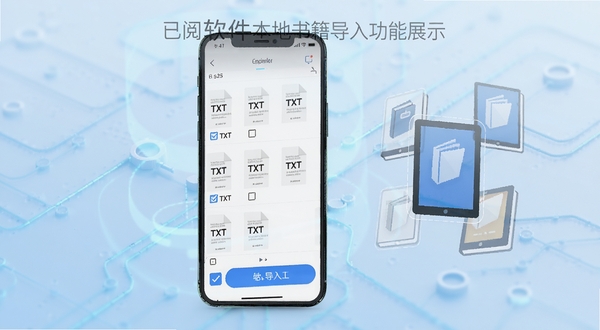 已阅软件本地书籍导入功能展示图，画面中央是手机屏幕显示文件扫描列表，多个TXT文档整齐排列，旁边有勾选框和导入按钮，手机右侧漂浮着几本半透明的电子书图标，背景为淡蓝色科技感渐变，突出文件管理与智能识别的便捷性，整体风格清爽简洁