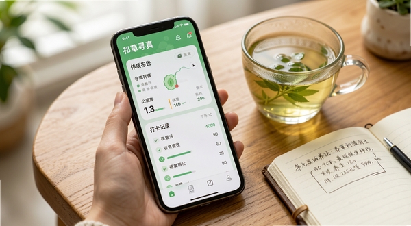 祁草寻真在手机上运行的健康数据看板界面，屏幕内展示体质报告与打卡记录，手机旁放置一杯养生茶与一本笔记本，背景为木质桌面，光线柔和，体现日常养生场景。