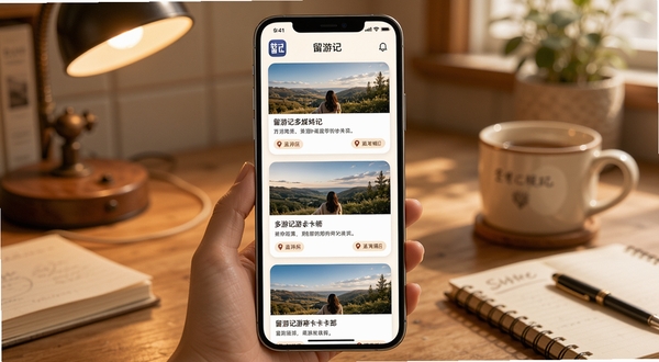 留游记多媒体游记卡片界面展示，画面中央为手机屏幕内多张游记卡片纵向排列，卡片内包含照片缩略图、文字描述和位置标签，背景为温馨的书桌环境，屏幕内可见留游记应用图标与名称，整体风格温暖柔和
