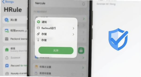 HRrule 权限设置引导页面示意图,画面主体为手机屏幕中央的权限授权弹窗,弹窗内列出通知、后台运行、存储等权限项与允许按钮,背景区域为浅色系统设置界面虚化效果,画面右侧有蓝色对勾与盾牌图标点缀,整体风格清晰直观,适配 Boogu 模型生成