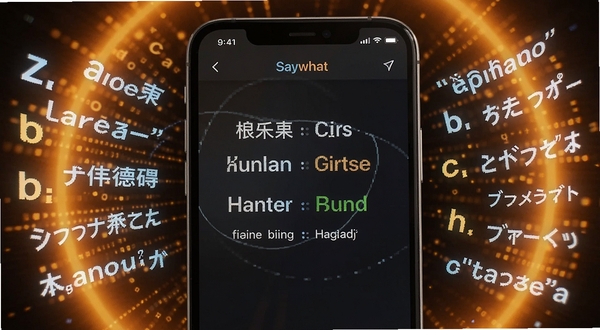 一款名为Saywhat的翻译软件正在展示多语言互译功能，手机屏幕中央显示着中文与英文对照的翻译结果，屏幕两侧漂浮着法语、德语、日语等多种语言的字母符号，背景是温暖的橙黄色光晕，整体画面传达出语言无障碍沟通的科技感