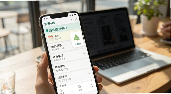 智安e租消息通知中心界面截图，画面展示手机屏幕内待办事项列表与日历提醒图标，背景为咖啡馆桌面与笔记本电脑，午后自然光，清新明亮风格，突出移动办公场景