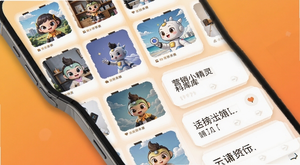 营销小精灵素材库与快捷话术界面，画面展示手机屏幕内排列整齐的图片素材卡片和文字话术模板，背景为暖橙色渐变，带有轻微阴影层次，体现素材管理的丰富与便捷