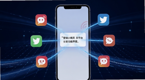 营销小精灵多平台分发功能界面，手机屏幕中显示多个社交平台图标排列，一条内容从中心向外辐射连接各平台，背景为深蓝色科技网格，画面带有流畅的动效光轨，体现一键分发的便捷感