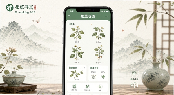 祁草寻真APP主界面展示，画面中央为手机屏幕，屏幕内呈现草本植物图谱与健康数据卡片，背景为淡雅的中式水墨风格，色调柔和清新，突出祁草寻真的品牌标识与核心功能模块。