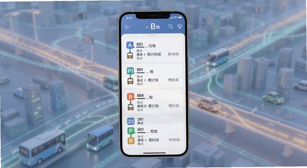 巴士报站换乘规划功能展示图，画面中手机屏幕显示从A地到B地的多种公交换乘方案，每条方案包含线路编号、换乘站点和预计时间，背景为抽象的城市交通网络线条，色调柔和清晰