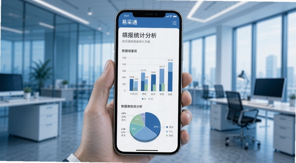 易采通数据报表统计分析页面，手机屏幕展示柱状图和饼状图，数据清晰直观，背景为现代企业办公环境，冷色调商务风格