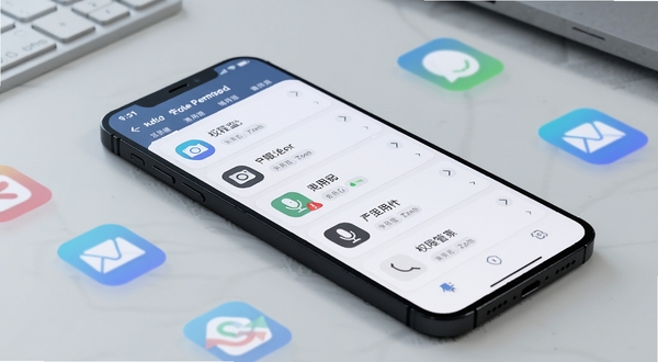 一部手机平放在桌面上，屏幕亮起显示安全智能管控的权限监控页面，页面中列出多个应用图标及其权限调用记录，摄像头和麦克风图标旁有红色提醒标记。手机周围散落着几个半透明的应用图标，背景为浅灰色办公桌面，光线柔和，画面清晰展现权限管控的细节。